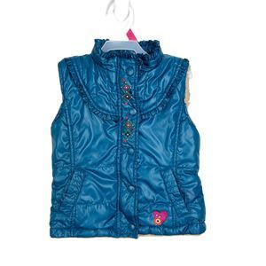 Bob Der Bar Fiesta De Flor Puffer Vest Youth 1-2T Fur Lined Teal Zip Front Kids